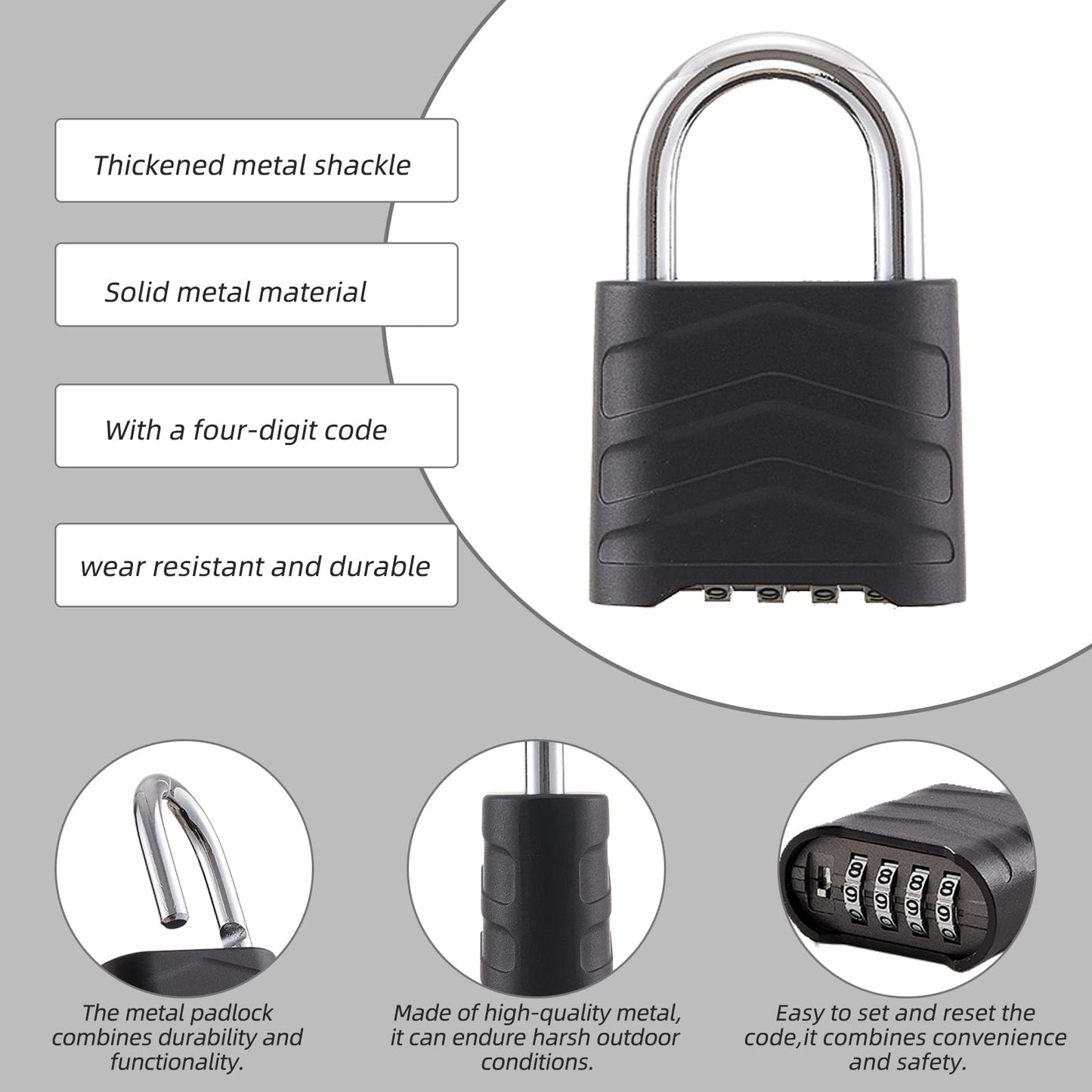 PYreek Combination Padlock Heavy Duty Locker Lock 4 Digit Padlock Gym Locker Locks for Fence Gate Storage Unit (Black, HD_10_3.5)