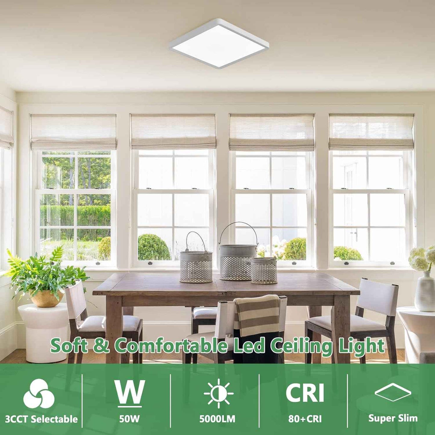 50W 20-Inch LED Flush Mount Ceiling Light - 5000LM, CCT Selectable, Low Profile for Hallway, Kitchen, Bedroom