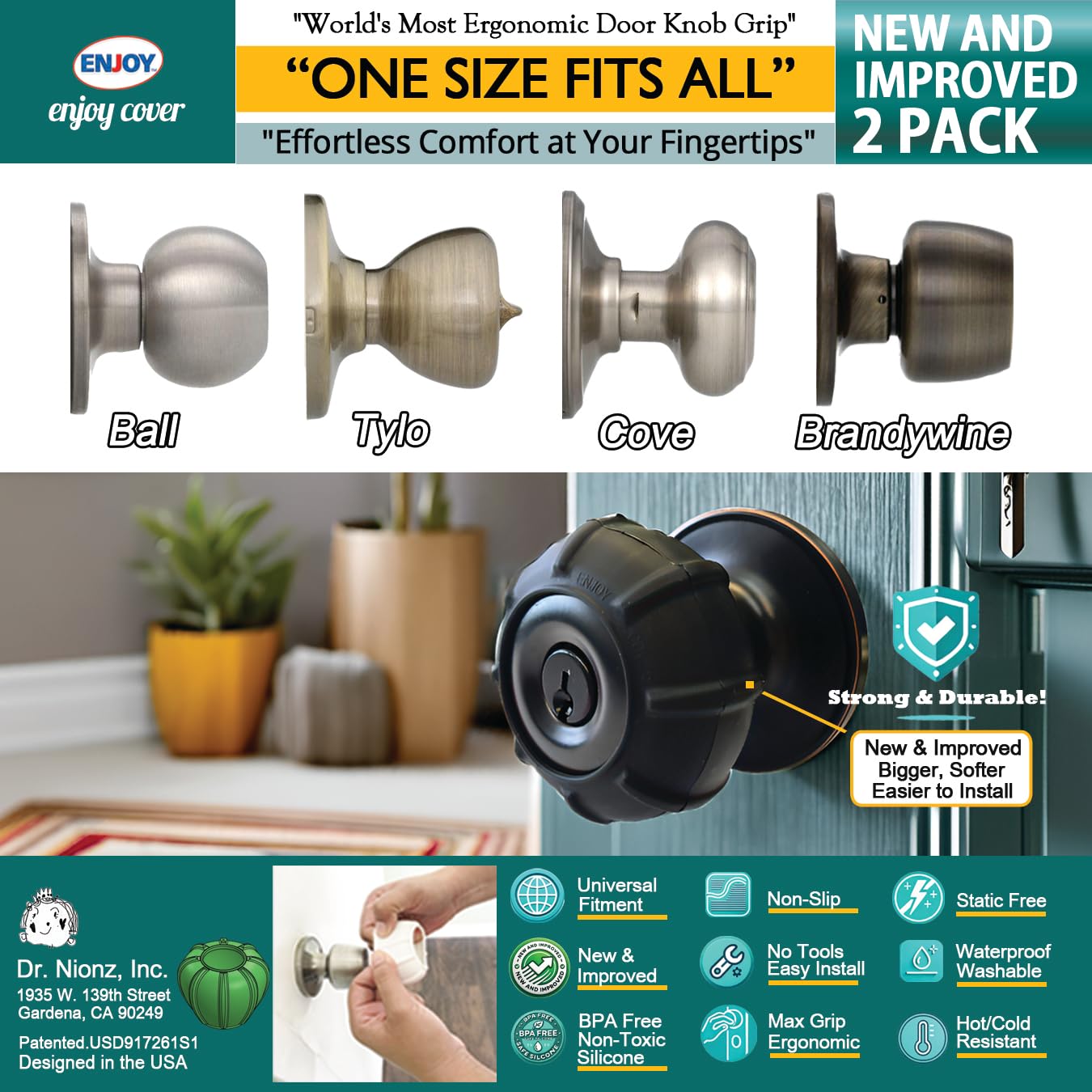 Enjoy Cover | 2 Pack Upgraded Ergonomic Design Door Knob Cover Grips, Non-Slip, Arthritis and Senior Living Aids, Universal Size (Black)