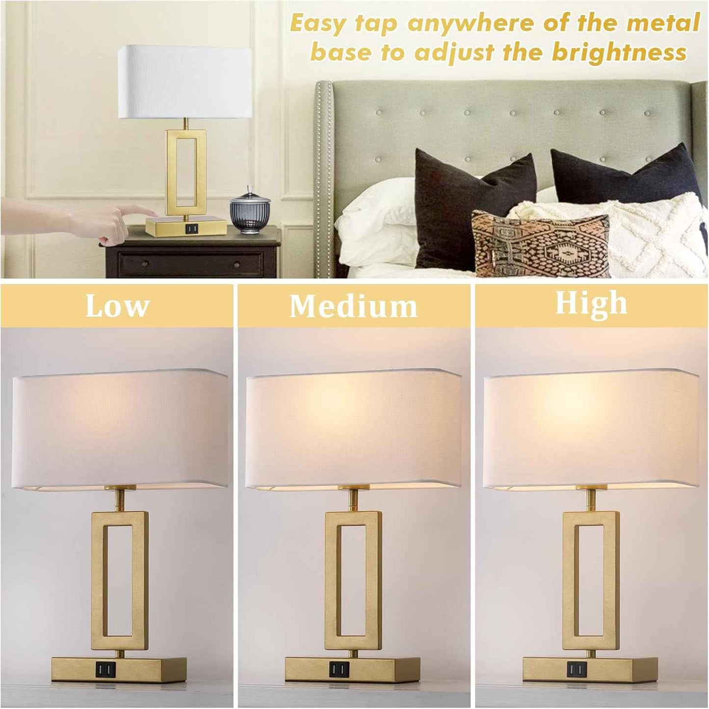 Gold Table Lamps Set of 2 - 3-Way Dimmable Touch Control with USB Ports, 22” Modern Design for Bedroom & Living Room