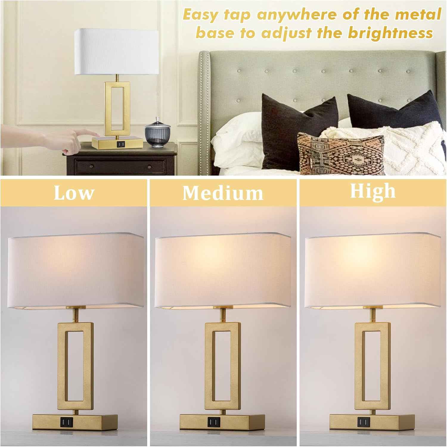 Gold Table Lamps Set of 2 - 3-Way Dimmable Touch Control with USB Ports, 22” Modern Design for Bedroom & Living Room