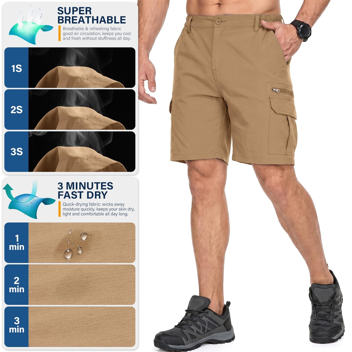 Jessie Kidden Mens Outdoor Casual Expandable Waist Lightweight Water Resistant Quick Dry Fishing Hiking Shorts (6222 Dusty Brown 34)