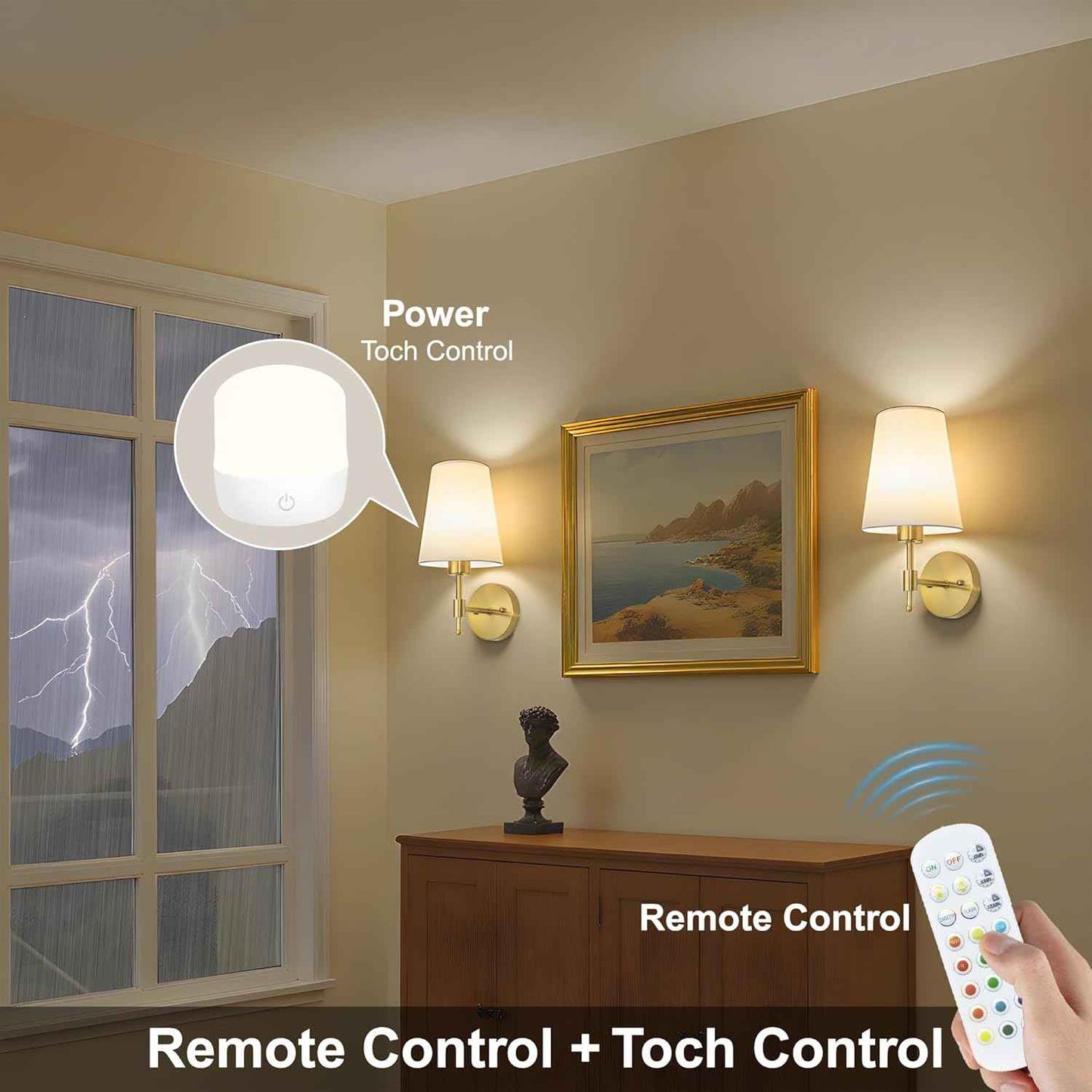 Rechargeable Gold Battery Operated Wall Sconces Set of 2 with Remote & RGB Bulbs