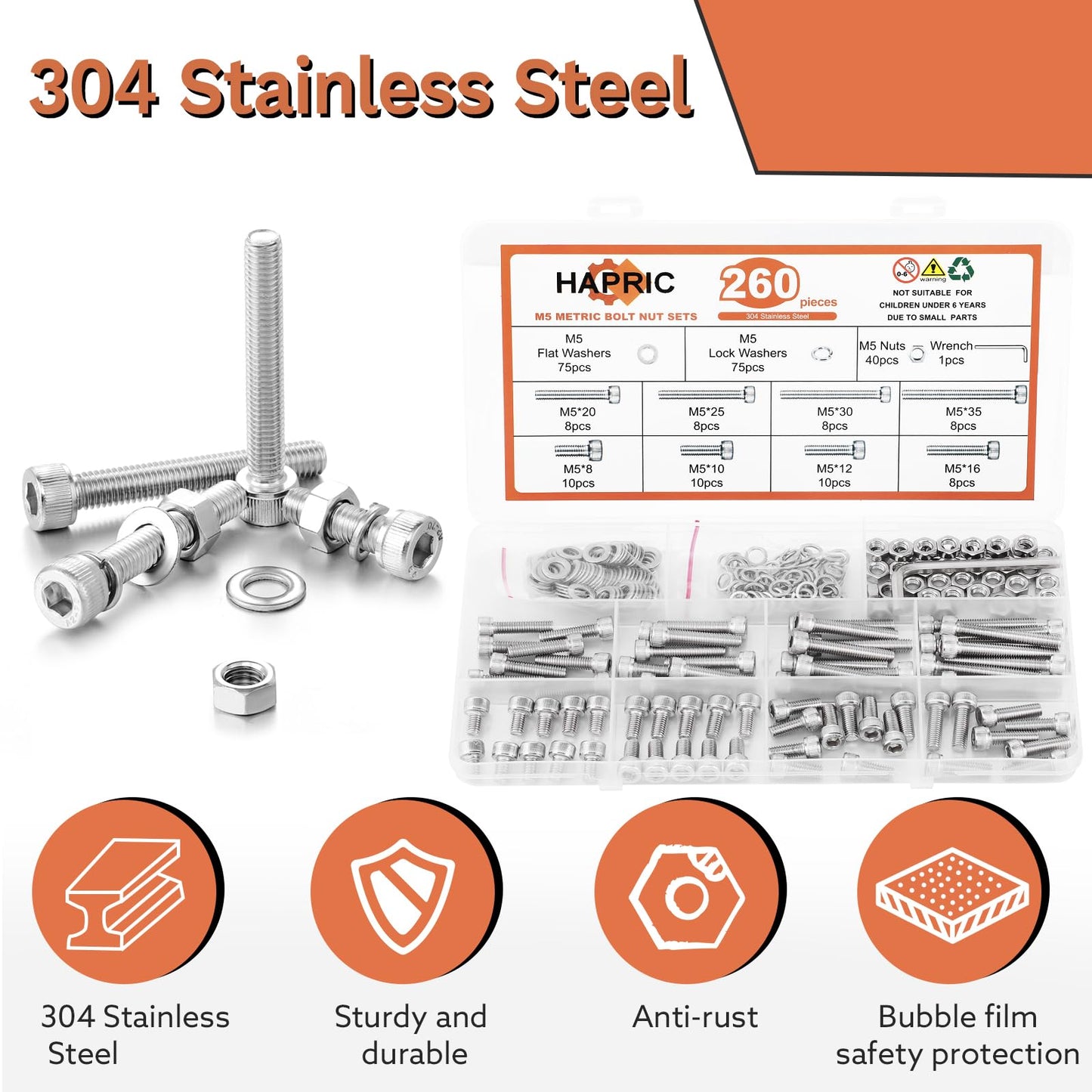 260 Pcs M5 Screws Assortment Kit, M5 Bolts Kit M5x 8/10/12/16/20/25/30/35mm, 304 Stainless Steel Hex Socket Head Screws Nuts Bolts and Washers Set