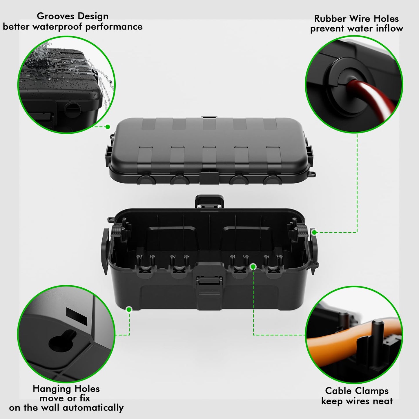 RESTMO Outdoor Electrical Box, IP54 Weatherproof Extension Cord Cover with 6 Cable Entry Ports, Waterproof Connection Box Protect Power Strip, Timer, Plug, Holiday Lights, (11.5x5.2x4 inch), Black