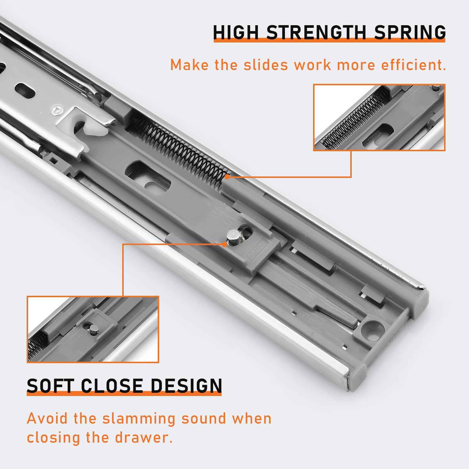 Probrico 1 Pair 22 Inch Rear/Side Mount Drawer Slides with Rear Mounting Brackets, Heavy Duty Ball Bearing Soft Close Drawer Glides, 3 Folds Full Extension Dresser Drawer Runners