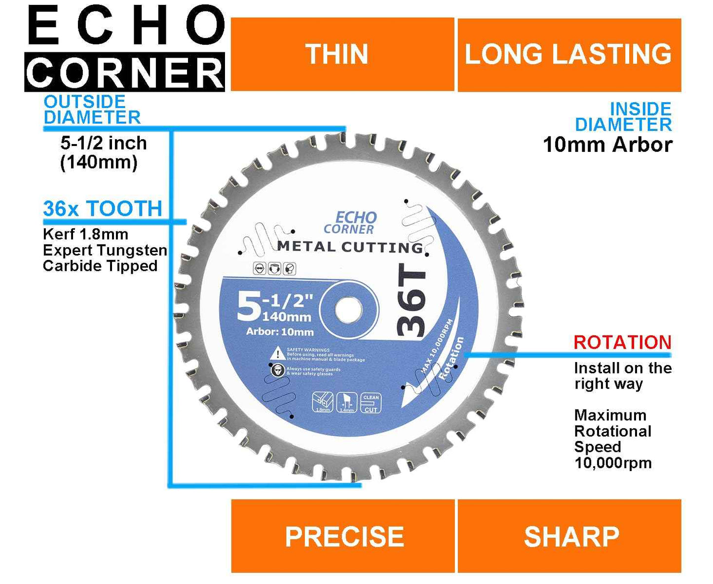 Echo Corner 5-1/2-Inch (10mm Arbor) Metal Cutting Circular Saw Blade, Fast Dry Cool Clean Cut Off Mild Steel, Angel Iron, Ferrous Sheet/Plate/Tube