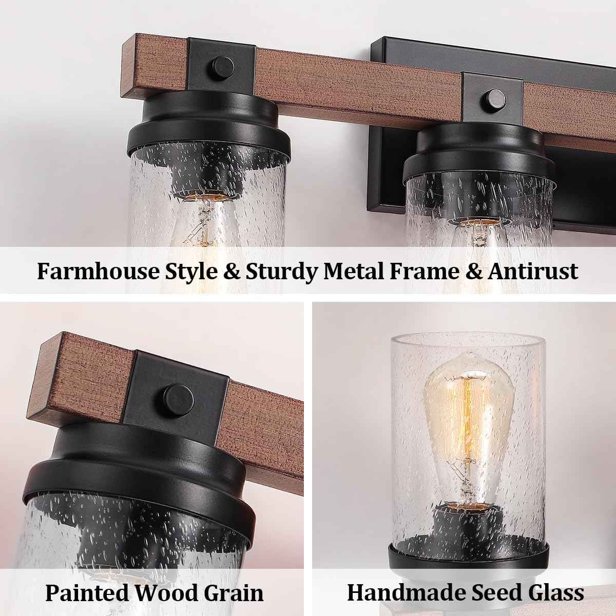 Farmhouse 2-Light Vanity Lights for Bathroom - Rustic Black Wood & Glass Sconces