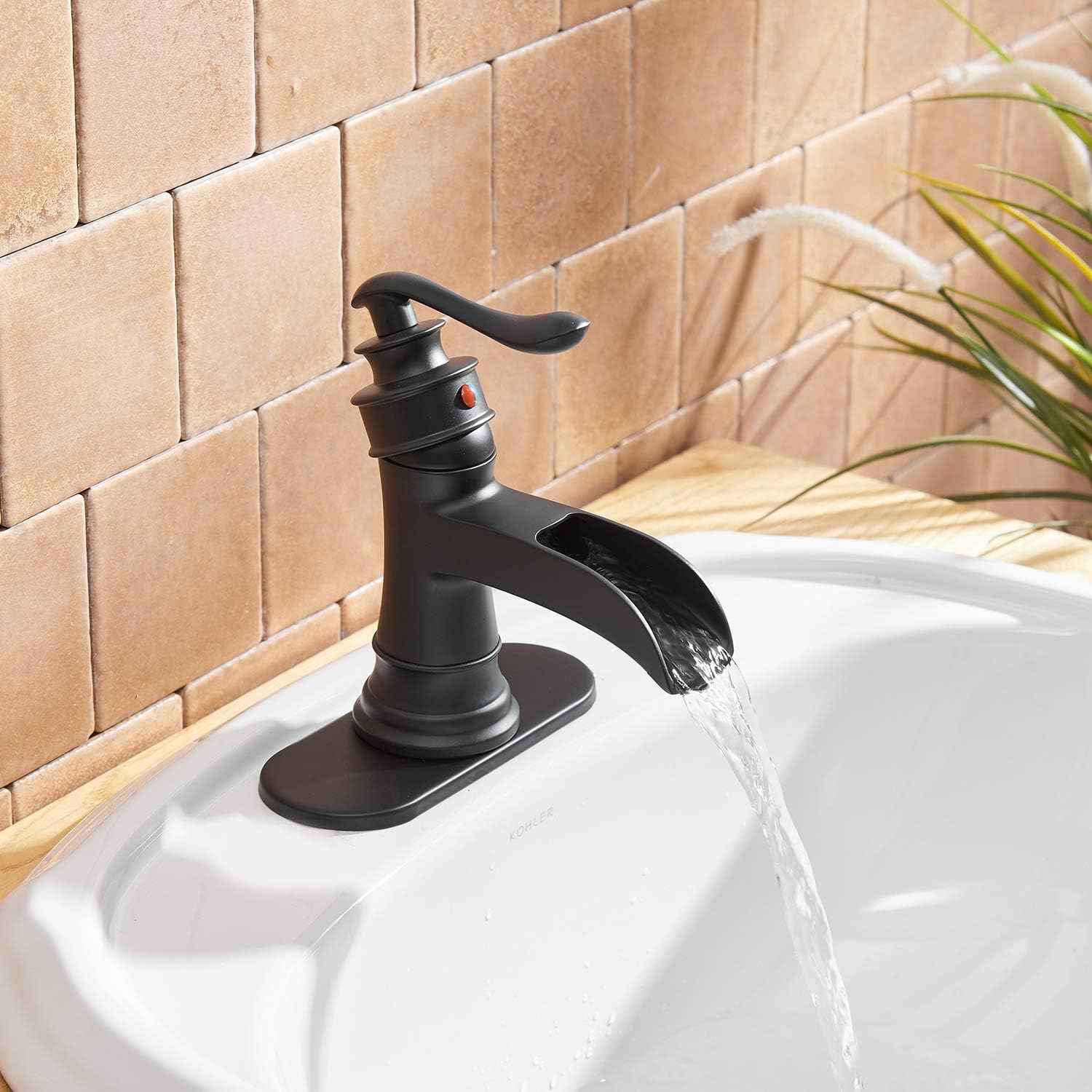 Matte Black Waterfall Bathroom Faucet - Single Handle Lavatory Sink Mixer with Brass Drain
