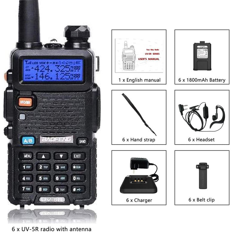 Baofeng UV-5R Dual Band Two Way Radio Handheld Ham Radio Long Range Walkie Talkies Pack of 6 for Hiking Camping Hunting Skiing Trip(Black)