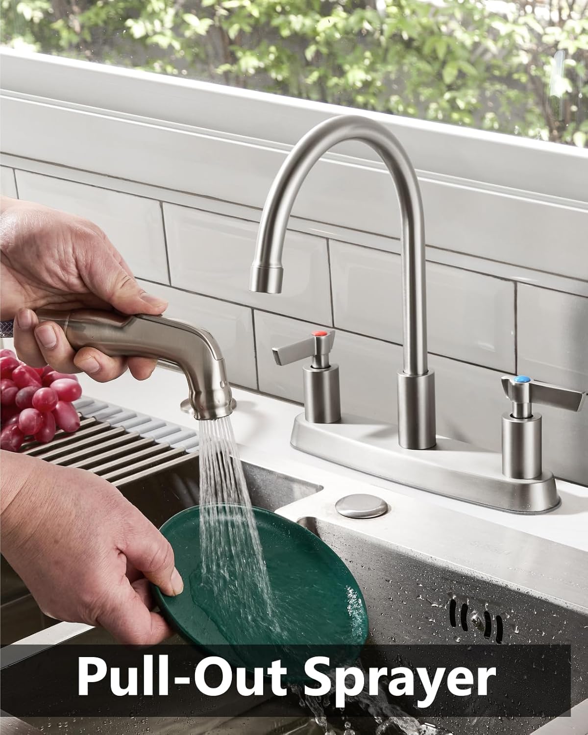 Brushed Nickel Kitchen Faucet with Sprayer - 2 Handle 8-Inch Centerset 3 Hole