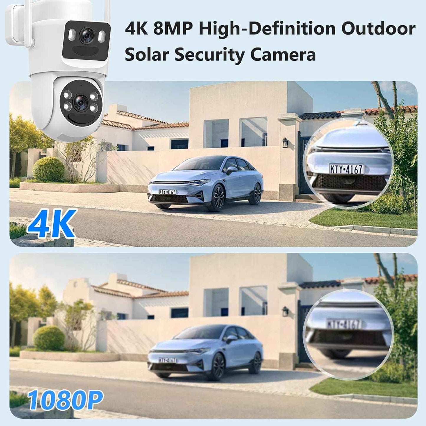 4K Wireless Solar Security Camera - Dual Lens Bullet & 360° PTZ Outdoor Surveillance