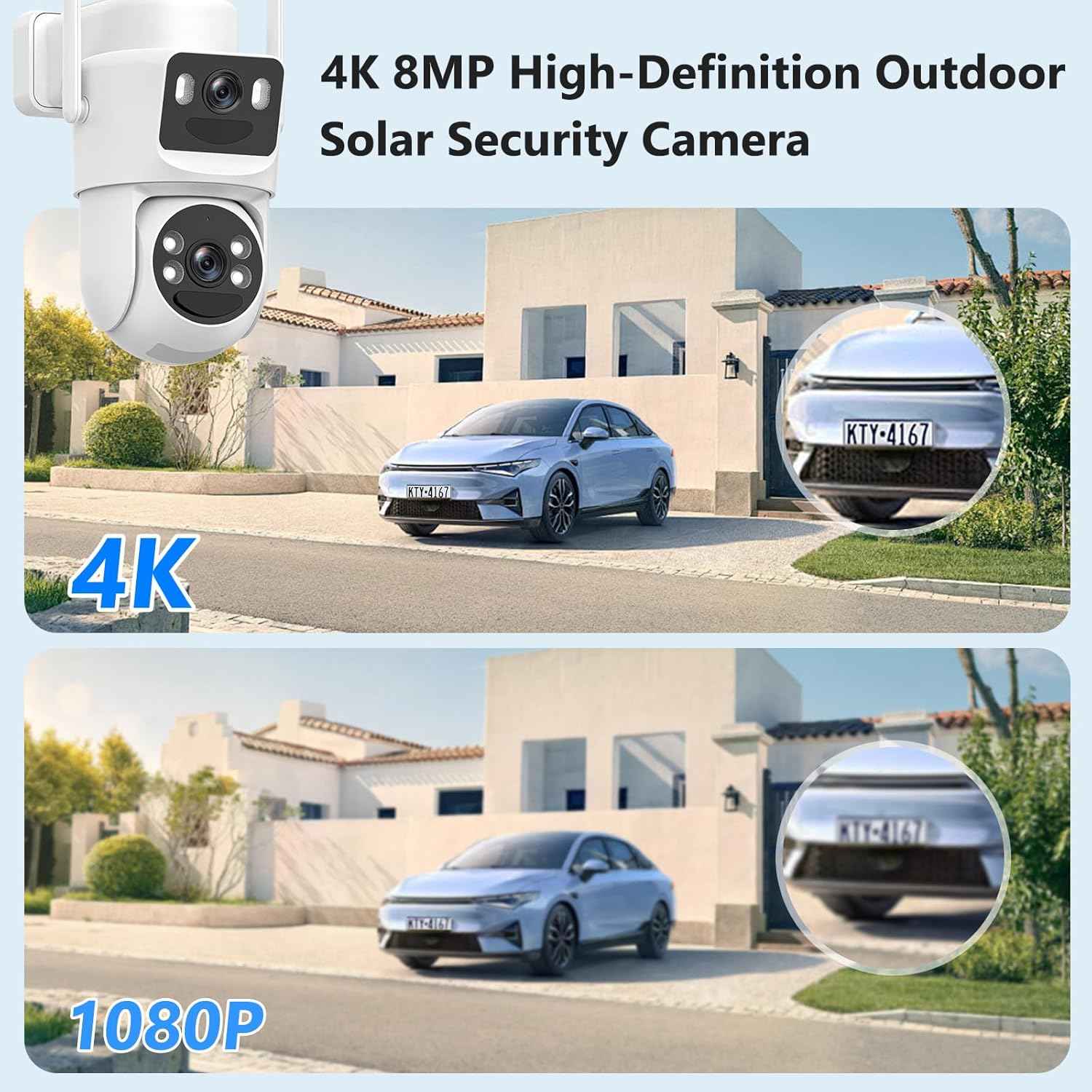 4K Wireless Solar Security Camera - Dual Lens Bullet & 360° PTZ Outdoor Surveillance