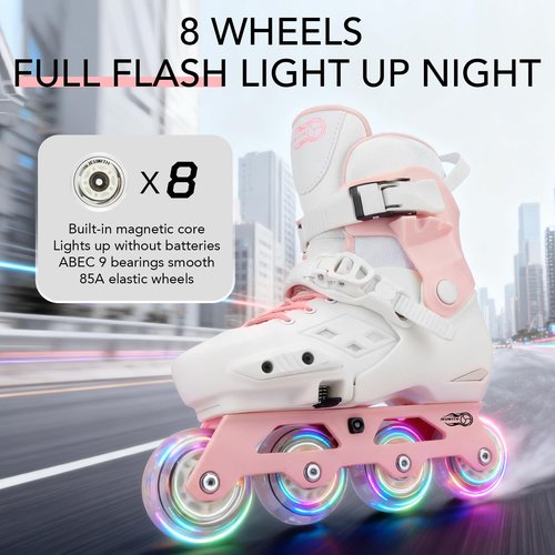 JEUWITH Inline Skates for Kids Girls Boys with Light-Up Wheels,Adjustable Size Suitable for Beginners Roller Skates Blades for Women, Girls and Adult.(Pink 1-4US)