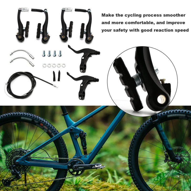 UOIENRT Complete Bike Brake Set Includes Callipers Levers Cables Black, Bicycle Front and Rear Brake Cable, Aluminum Alloy Brake Handlebars and V Bike Brake Kit