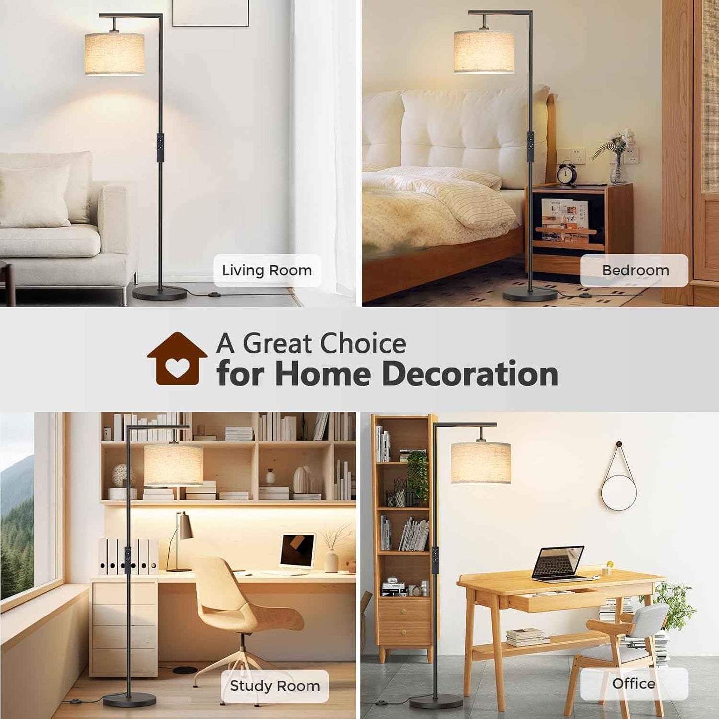 Adjustable Black Floor Lamp for Living Room - 3 Color Temperatures & Beige Linen Shade