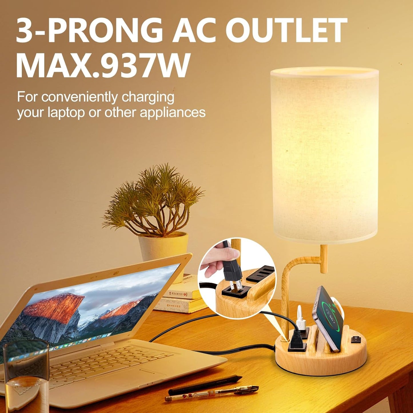Modern Table Lamp with 3 USB Ports & AC Outlet - Set of 2 Bedside Desk Lamps in Silver