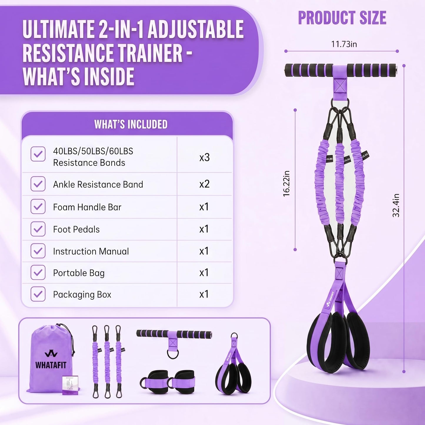 WHATAFIT Upgraded Multifunction Pedal Resistance Band with Handles, 3-Tube Adjustable Foot Pedal Exercise Band, Ankle Straps Included, for Abs Core Leg Arm Waist Full Body Workout Pink Purple