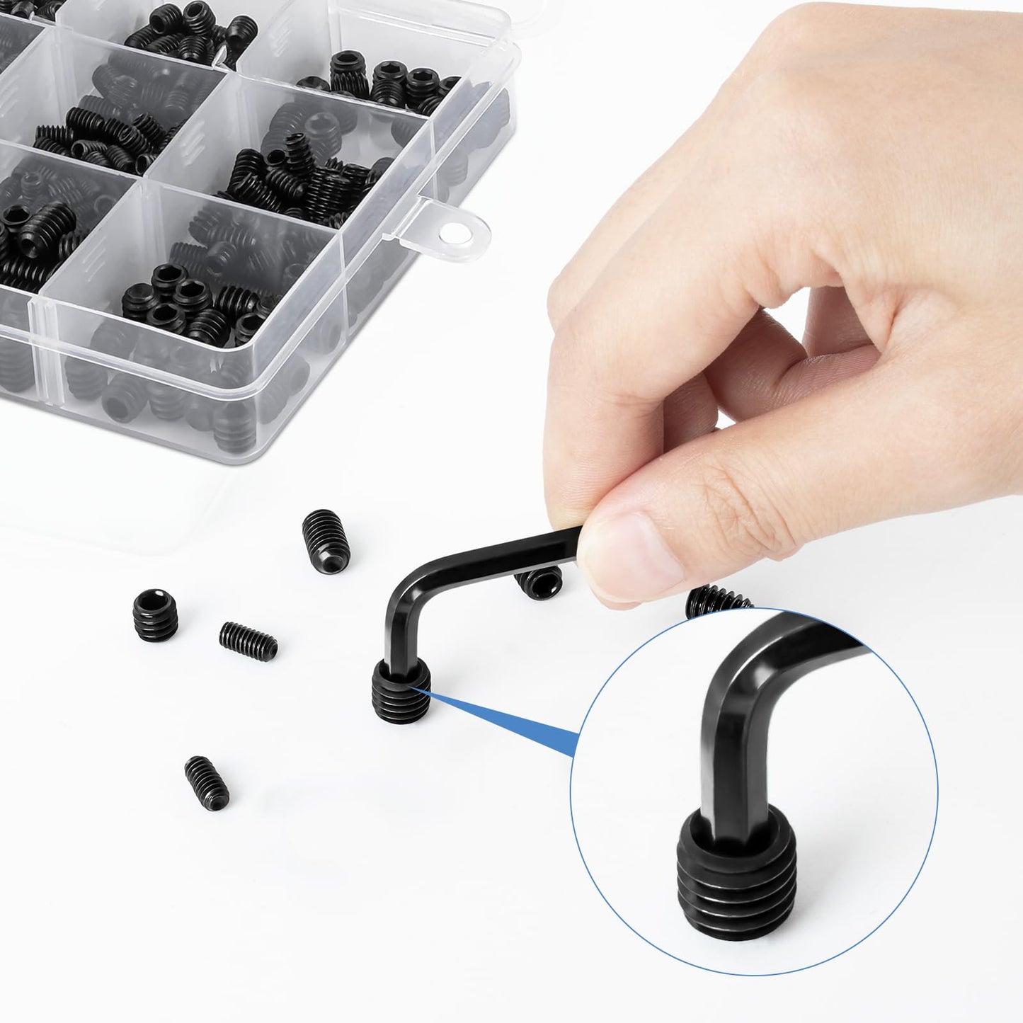 560PCS 25 Sizes Metric & SAE Set Screw Assortment Kit,12.9 Class Alloy Steel Internal Hex Drive Cup-Point Set Screws Assortment Kit with 10 Hex Wrenches, M3 to M8 and 1/8-40 to 5/16-18