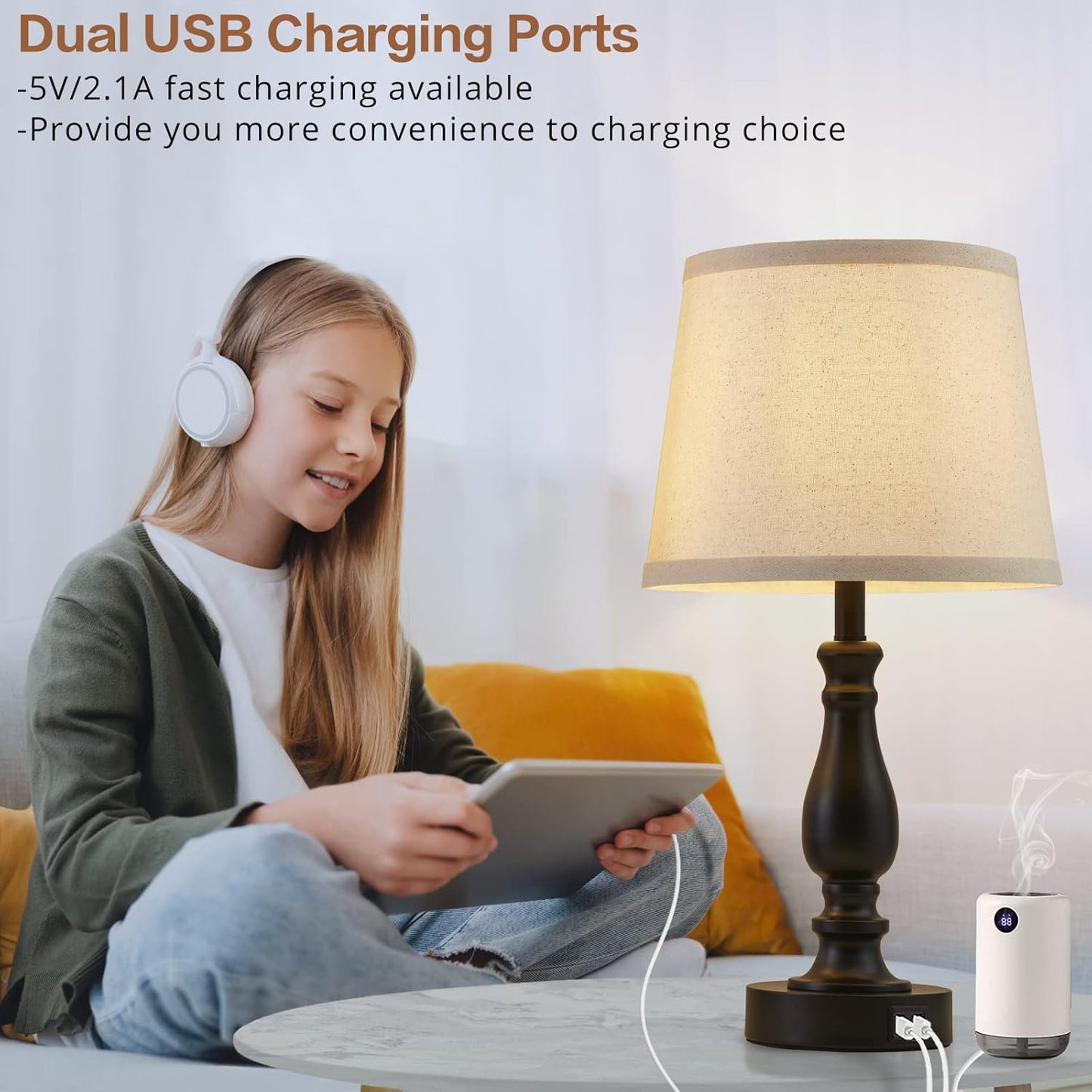 Touch Bedside Table Lamps Set of 2 with USB C+A Ports - 3-Way Dimmable Linen Shade