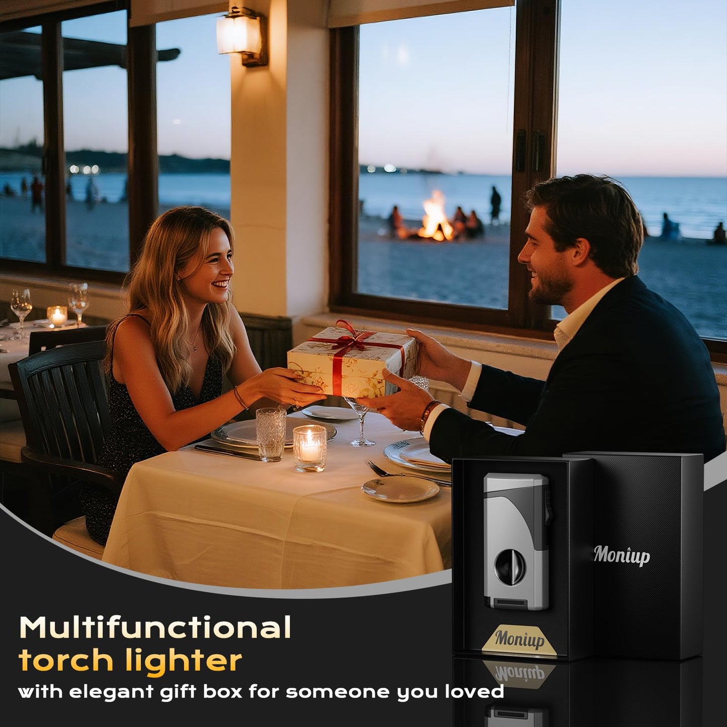 6-in-1 Torch Lighter, with Windproof Triple Jet Flame, V & Straight Cutter, Punch, Holder, Draw Enhancer Tool, Refillable Butane Lighter with Gift Box for Men, Multifunctional Accessories for Travel