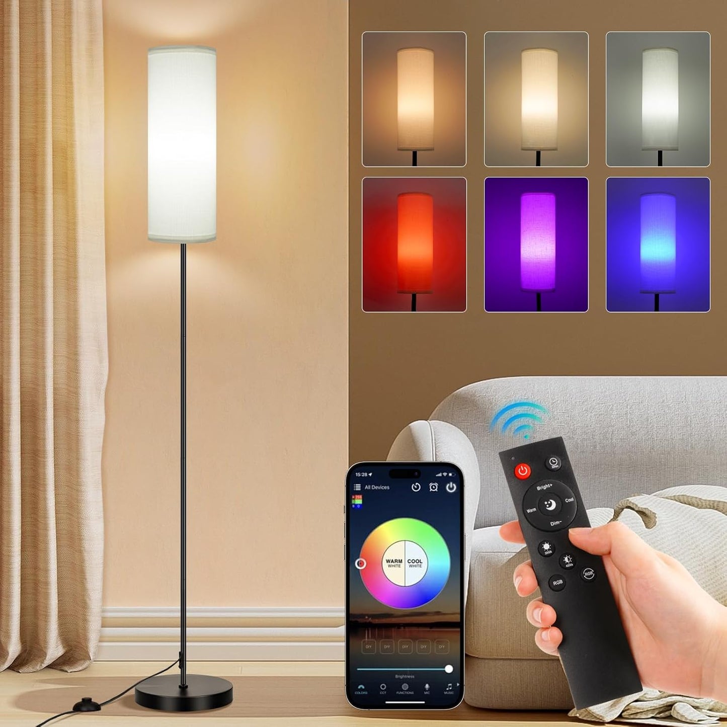 Modern Dimmable Floor Lamp with Remote - RGB Smart Bulb for Living Room, Bedroom & Office