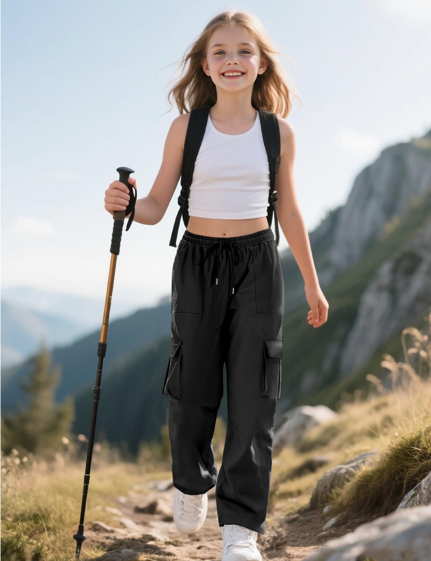 HASMES Girls Cargo Pants Kids Lightweight Hiking Pants Water Resistant Joggers with Pockets 7-15Y Black