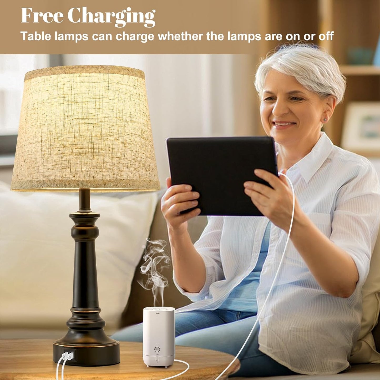 Touch Bedside Table Lamps Set of 2 with USB C+A Ports - 3-Way Dimmable Linen Shade