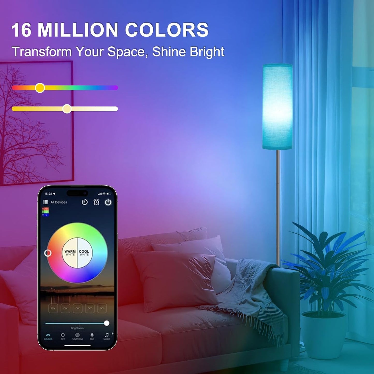 Modern Dimmable Floor Lamp with Remote - RGB Smart Bulb for Living Room, Bedroom & Office