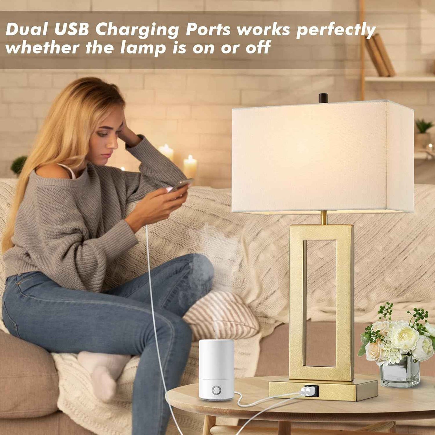 Gold Table Lamps Set of 2 - 3-Way Dimmable Touch Control with USB Ports, 22” Modern Design for Bedroom & Living Room