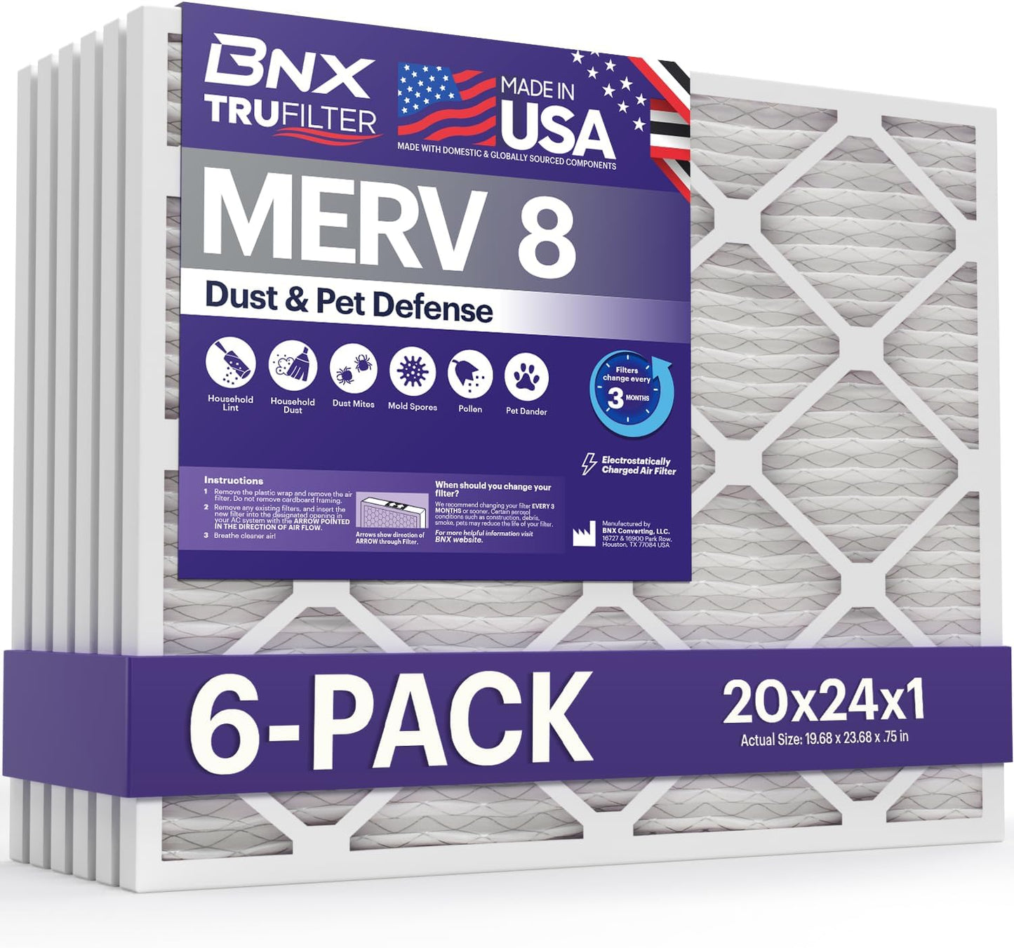 BNX TruFilter 12x12x1 MERV 8 Air Filters (6-Pack) - USA-Made Dust & Pet Defense for HVAC