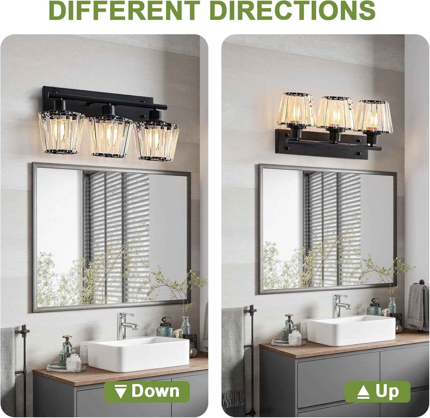 Modern 3-Light Crystal Vanity Light Fixture for Bathroom & Bedroom - Black Finish