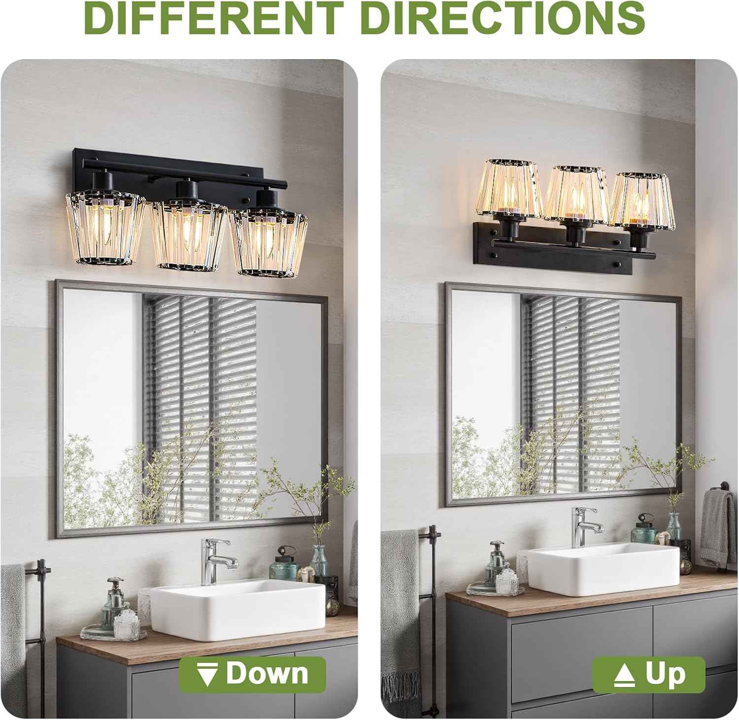 Modern 3-Light Crystal Vanity Light Fixture for Bathroom & Bedroom - Black Finish
