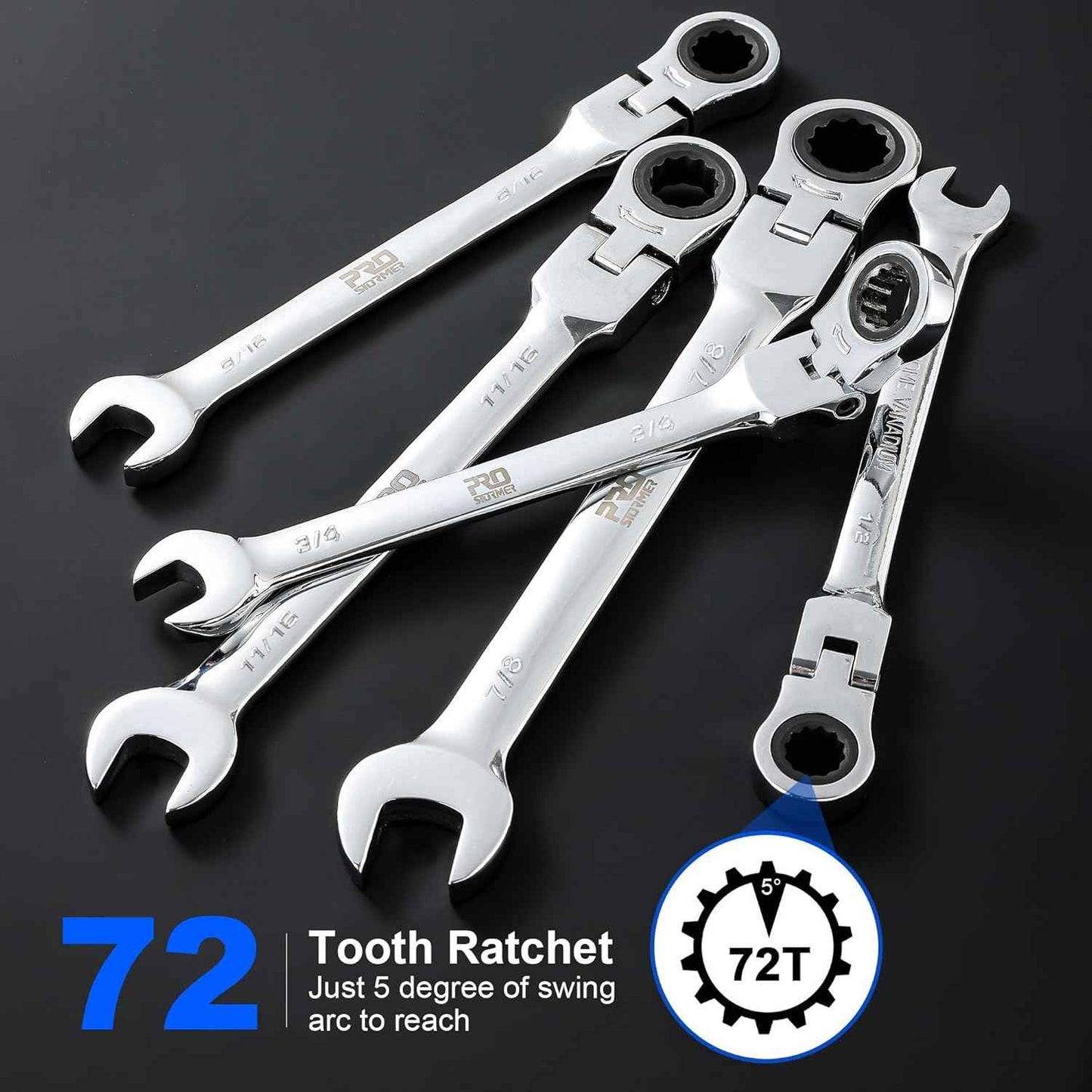 14-Piece Metric Ratcheting Wrench Set - Flex-Head, 72 Tooth, Cr-V Steel with Storage Case (6-19mm)