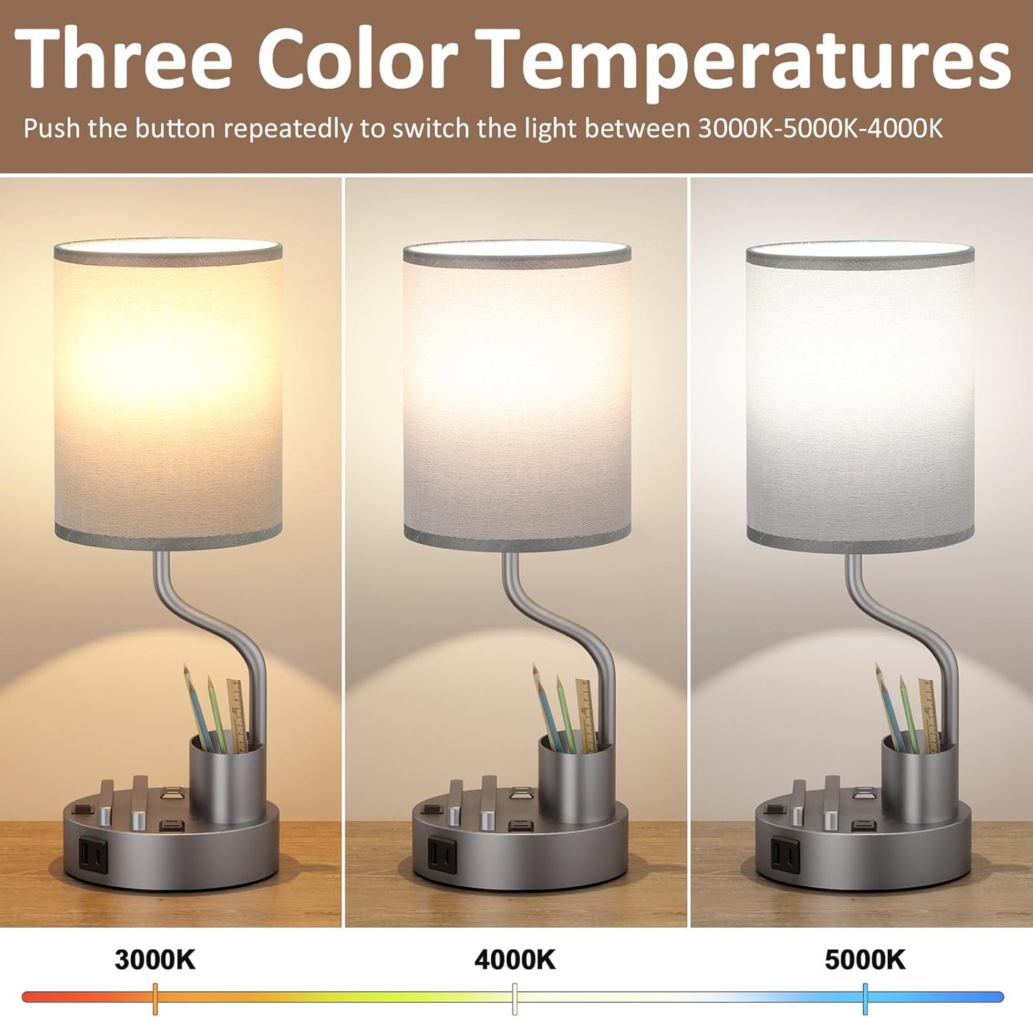 Set of 2 Bedside Table Lamps with USB & AC Outlet - 3 Color Temperatures, Desk Light & Phone Stand for Bedroom, Living Room, Office
