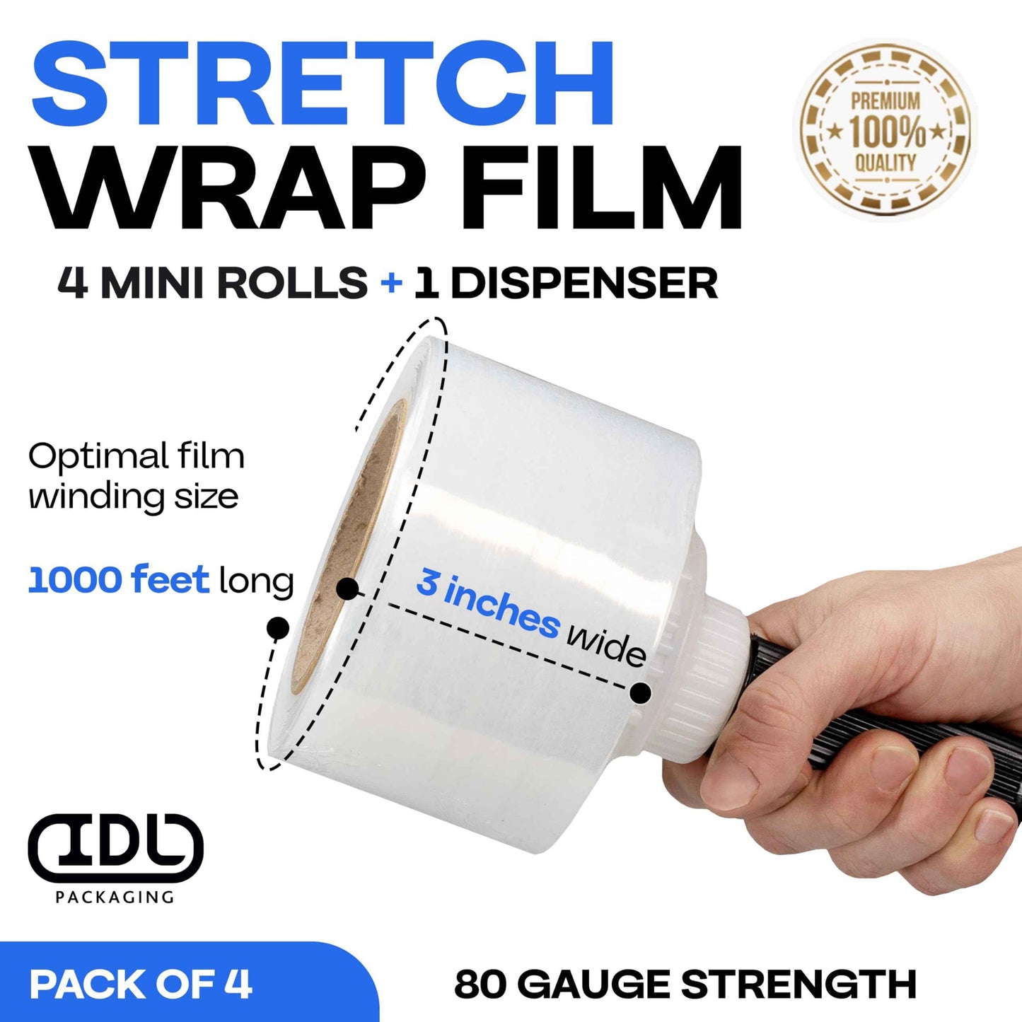 IDL Packaging 3"x 1000' Stretch Wrap Mini Roll of 80 Gauge (4 Rolls) with Plastic Handle - Extra Sticky Clear Plastic Wrap Film - Great for Moving and Office Needs - Self-Adhesive Wrap Packaging