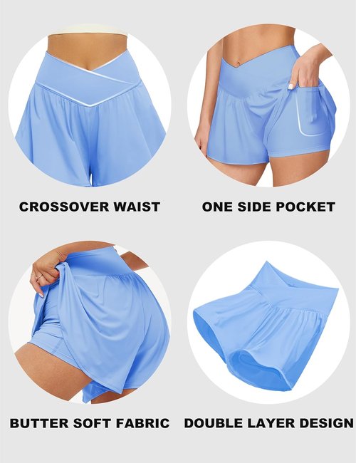 FireSwan Women's Crossover Athletic Shorts - 2 in 1 Flowy Running Skorts with Pockets, Spandex Butterfly Design