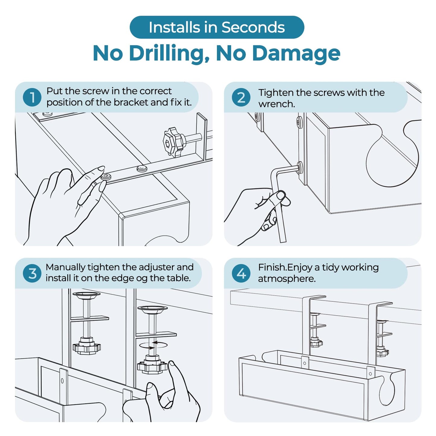 YECAYE No-Drill Metal Under Desk Cable Management Tray, Power Strip & Cable Organizer for Home Office,Under Desk Storage,Organizer Tray,Black