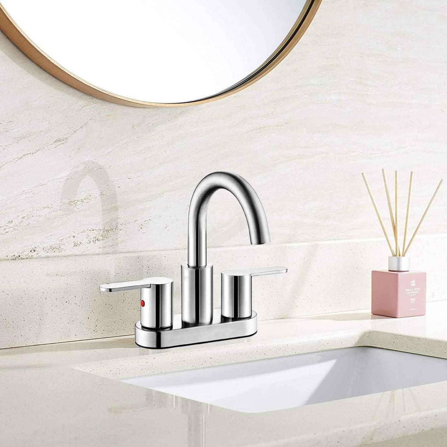 Brushed Gold Bathroom Sink Faucet - Modern 4-Inch Centerset with 360° Swivel Spout & Drain Assembly
