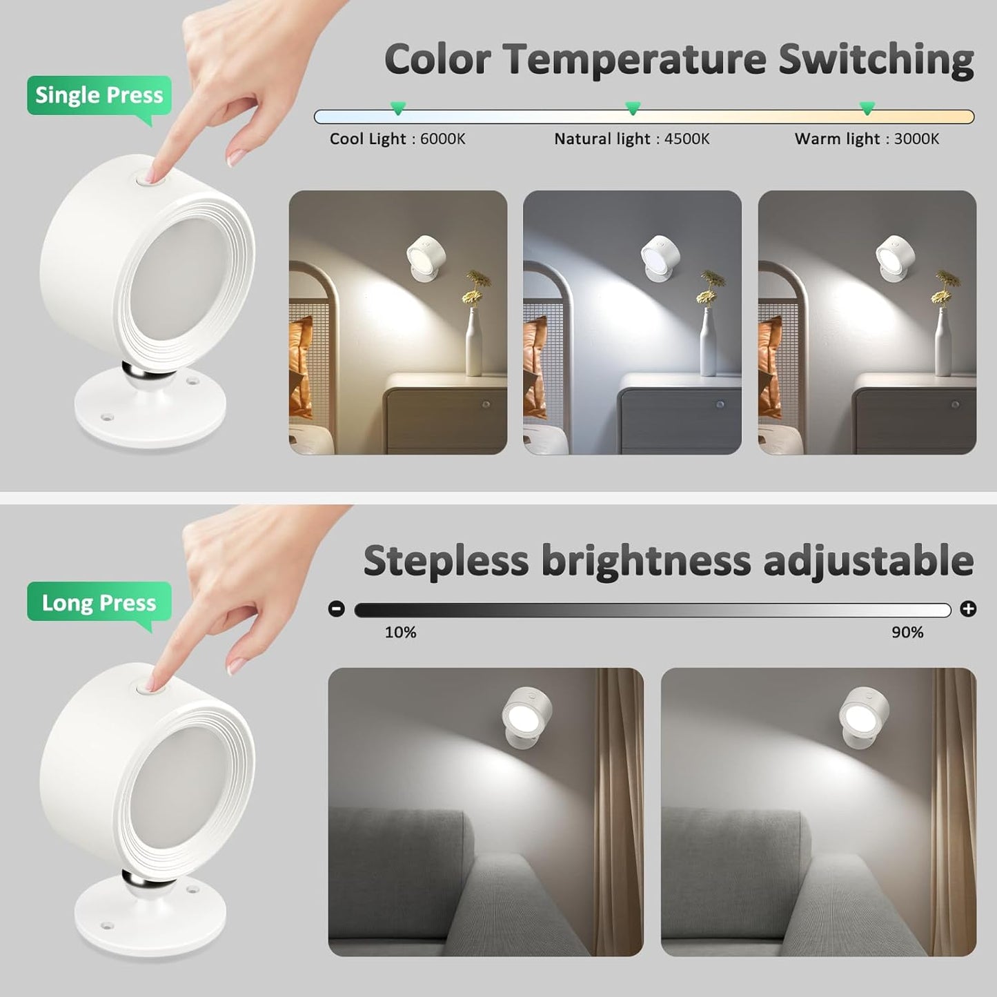 Rechargeable LED Wall Mounted Lights - 3 Pack with Remote, Dimmable & 360° Rotation for Bedroom