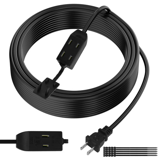 2 Prong Extension Cable 10 FT, Extra Long Power Cord With 3 Outlets, Flat Multiple Cable With Tamper Guard, ETL Listed, Outlet Saver, OFC, 16 Gauge Wire, 13A/125V, Black With 25 Pcs Ties