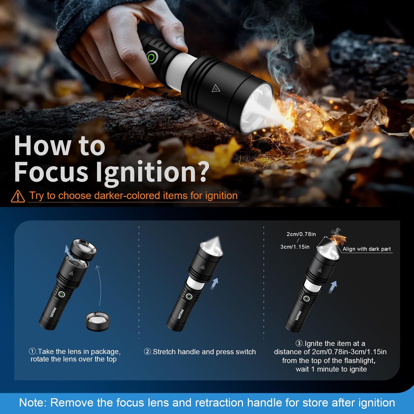 Philips Rechargeable Flashlights High Lumens with Ignition Lens,3000lm Tactical Flashlights with Camping Lamp,2 Colors Zoomable 5Modes Reverse Charging LED Bright Flashlight for Home Outdoor Gift