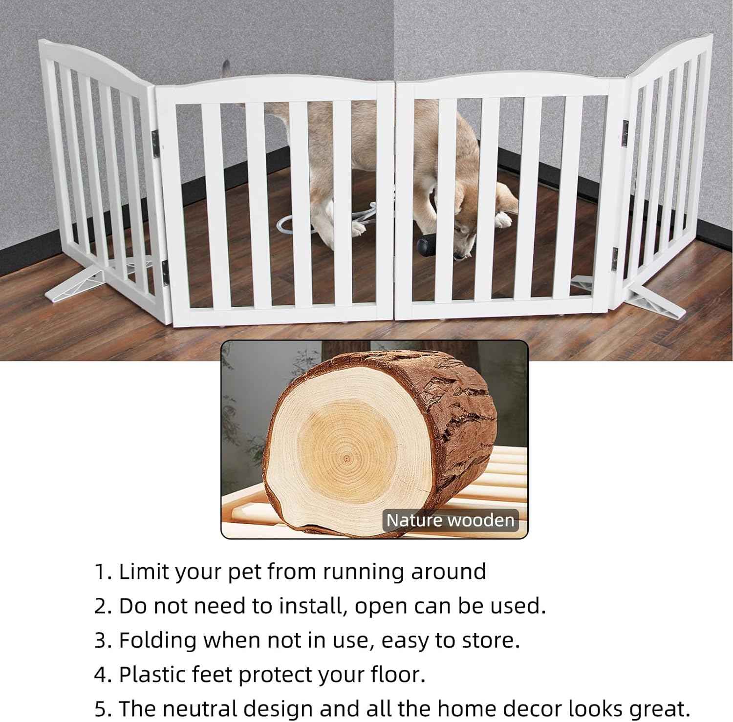 Foldable Indoor Dog Gate - 3-Panel Freestanding Pet Fence for Stairs & Hallways, 24" Height, White Wood