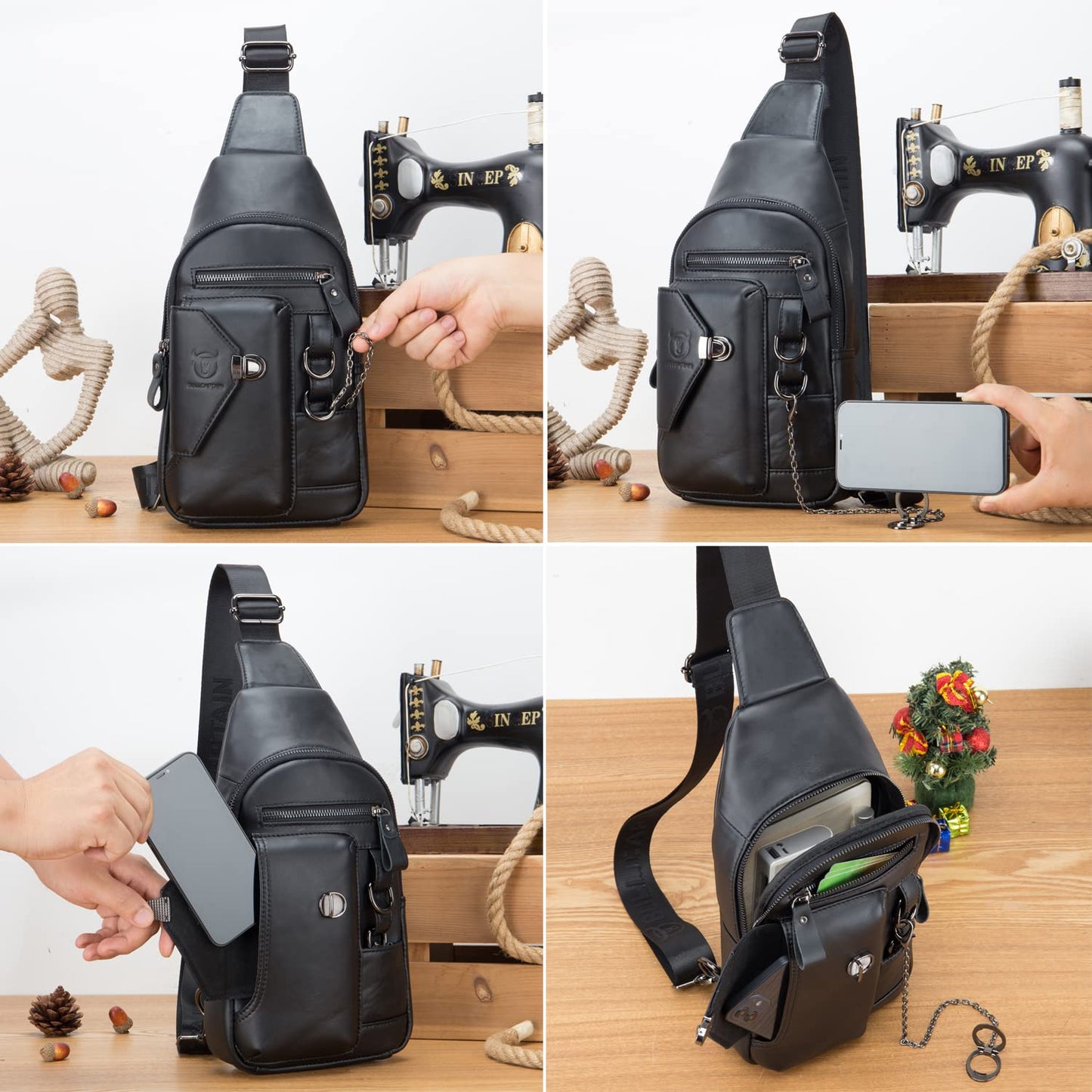 Leather Sling Bag Multipurpose Daypack for Men Women Outdoor Travel Camping Hiking Crossbody Shoulder Chest Pack (Black)