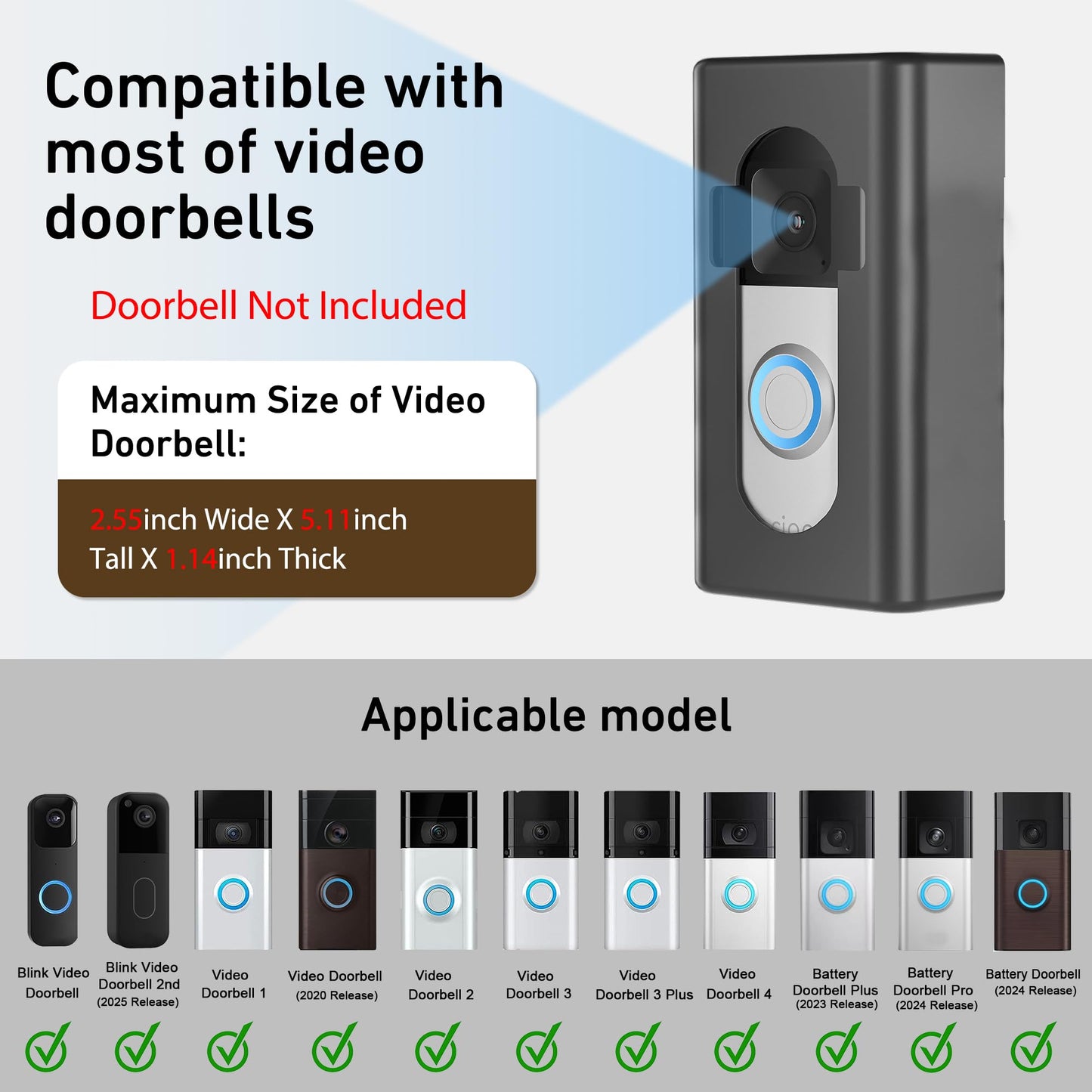 Adhesive Video Doorbell Mount,AHBTEYM Mount No Drill Bracket Holder Accessories for Apartment Home Rentals Compatible with Ring Video Doorbell 4/3/3 Plus/2/1/2021/2023/2024 Release(Black)
