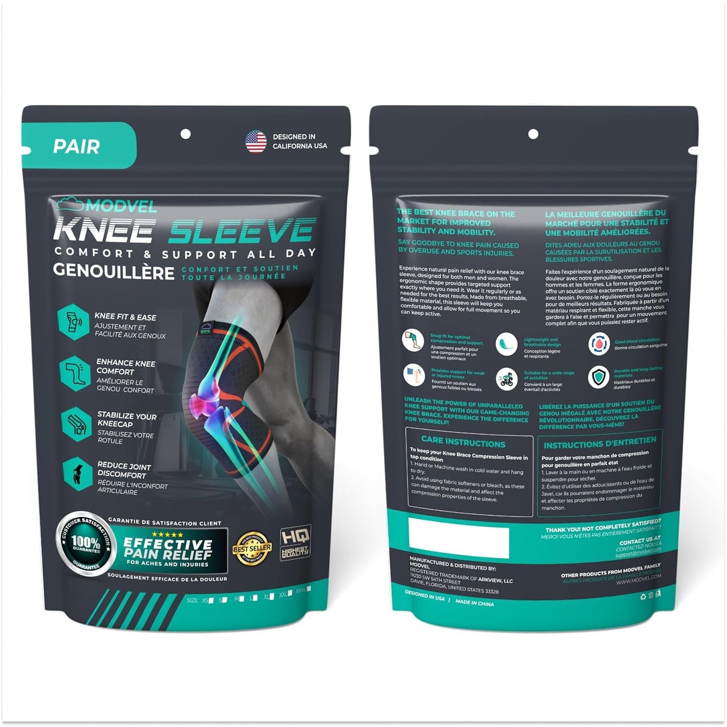 Modvel Compression Knee Brace - 2-Pack Support Sleeves for Running & Pain Relief | Ideal for Meniscus Tear & ACL