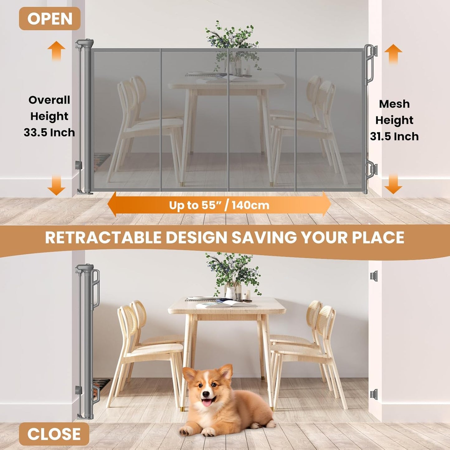 Retractable Baby Gate - Reinforced Mesh Child Safety Gate for Doorways & Stairs, 33.5" Tall, Fits Openings up to 55" - Gray