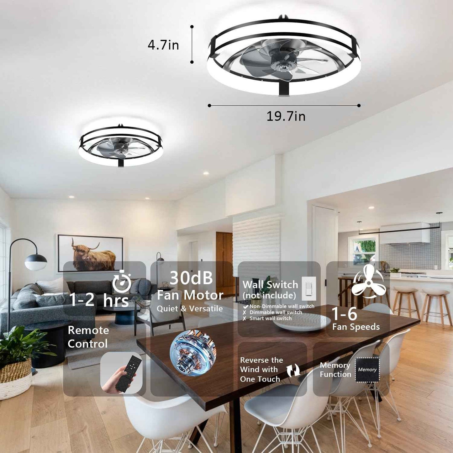 Smart Bladeless LED Ceiling Fan with Lights & Remote - 20" Black Low Profile Flush Mount for Bedroom