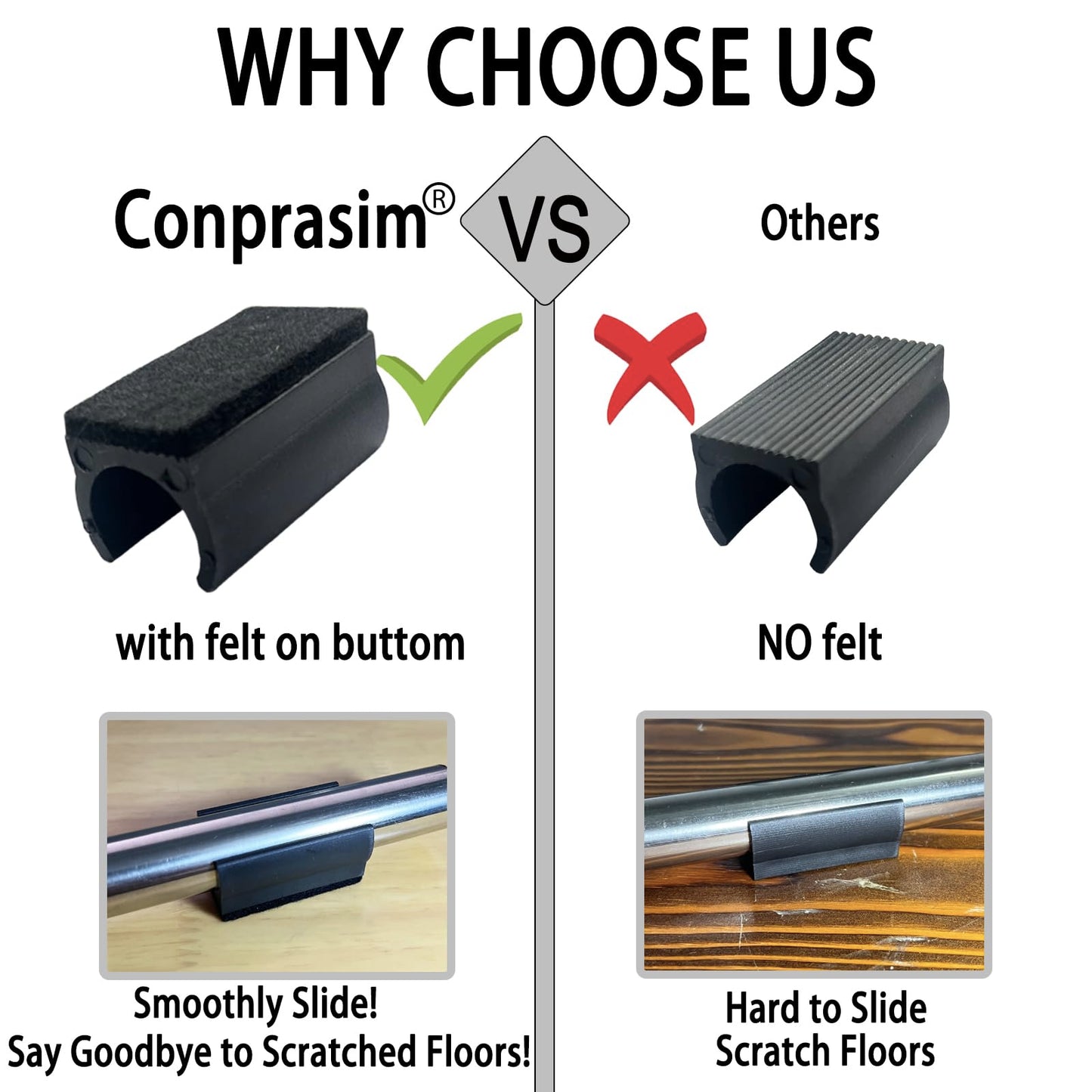 Rectangle U Shaped Chair Leg Tips Caps with Felt Pads,Furniture Feet Protectors Slide Smoothly Glides No Scratches No Noise Protect Hardwood Floors, Fit 19mm(3/4inch) Diameter Tubular Leg (Black 8PCS)