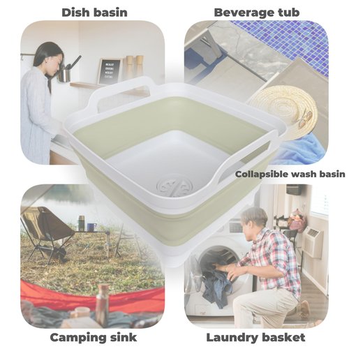 GIMWA Collapsible Wash Basin for Baby Bottles - 2.4 Gallons Portable Wash Bin for RV Camping Sink, Space-Saving Dish Tub (Green)